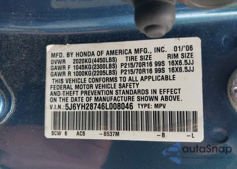 2006 Honda Element Ex-P из США, поврежденный, VIN 5J6YH28746L008046